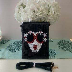 Black sequined FUN crossbody w/ face having big red sunglasses & 💋